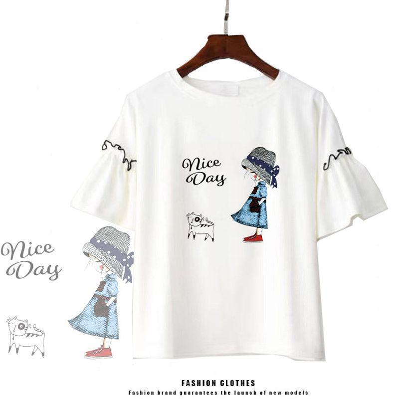 

Футболка для студентов в возрасте 12-18 лет, носите джинсовый модный костюм Single piece white-girl with cat Tops XL