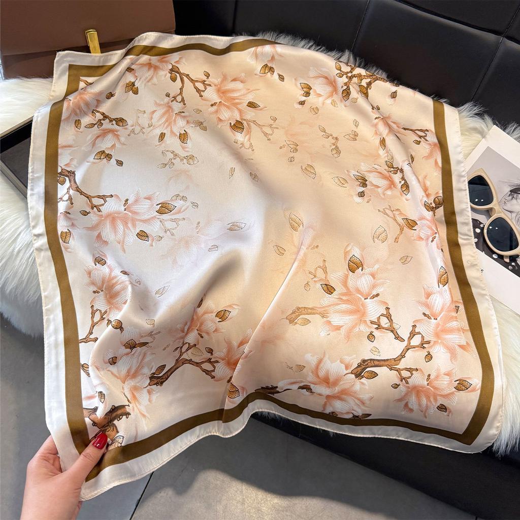 70Cm Silk Scarf Women'S French Elegant Small Floral Print Scarf Small Square Scarf With Headscarf