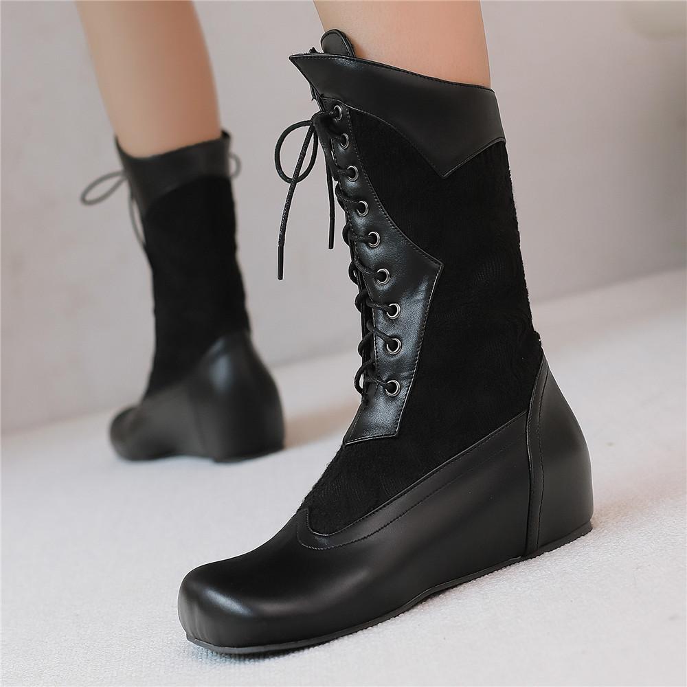 Fashion 2025 Design Mid Calf Boots for Women Round Toe Internal Height Lace Up Large Size 48 49 50 Fashion Dating Booties