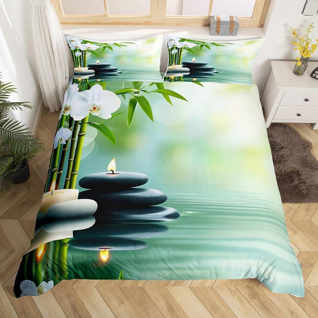 Zen Stones Duvet Cover Green Bamboo Fountain Bedding Set,Twin King,Spa Still Life Comforter Cover Natural Meditation Quilt Cover