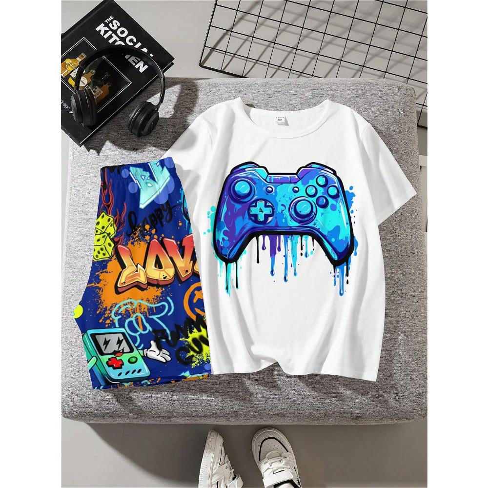 Tween Boy Casual And Simple Gaming Console Patterned Short Sleeve T-Shirt And Shorts Set, Suitable For Summer