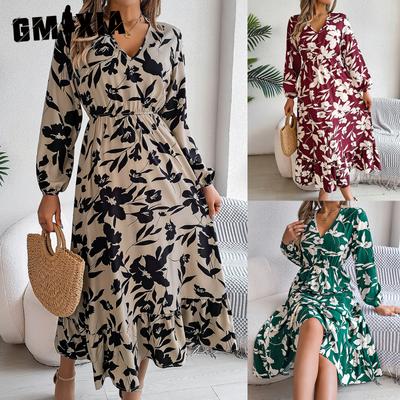Autumn and Winter Casual Flower-shaped Waist-cinching Long-sleeved Ruffled Dress Women's Wear