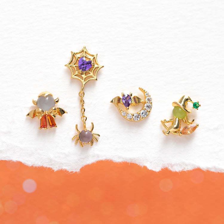 Halloween Stud Earrings: Demon, Spider, Magic Broom, Witch, Bat, Peach Heart, Love Zircon Ornaments, Colorfast