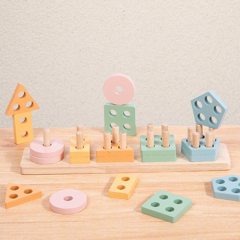 Children'S Wooden Baby Early Education Montessori Geometry Five Sets Of Columns Shape Pairing Intellectual Development Educational Toys
