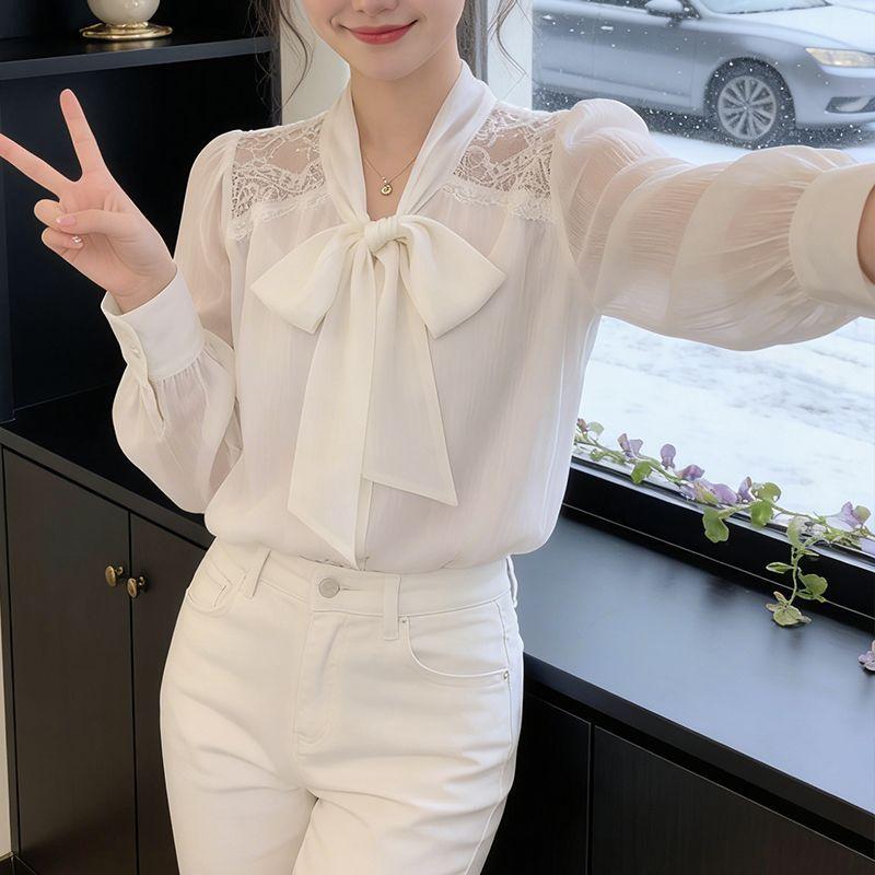 French Style Women White Bow Lace Blouse Long Sleeve Lace Trim Bow Tie Casual Elegant Shirt