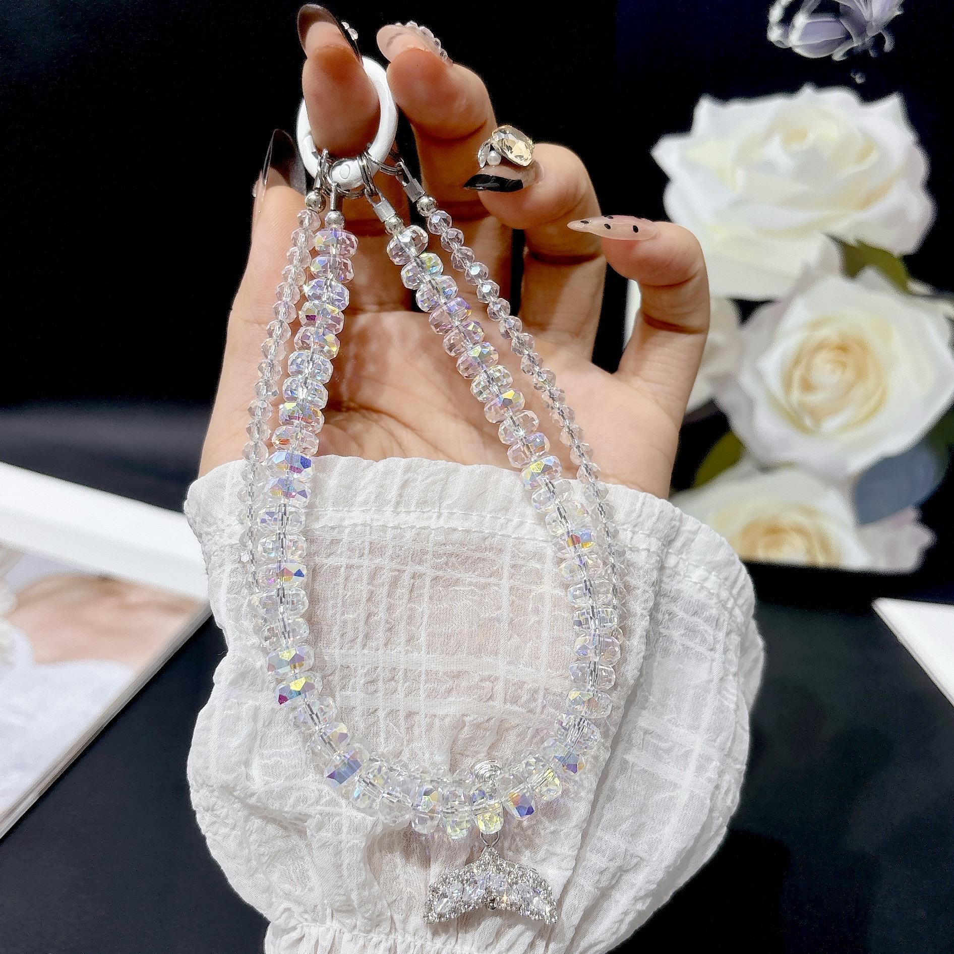 Luxury Crystal Beaded Phone Chain with Rhinestone Fishtail Pendant Keychain