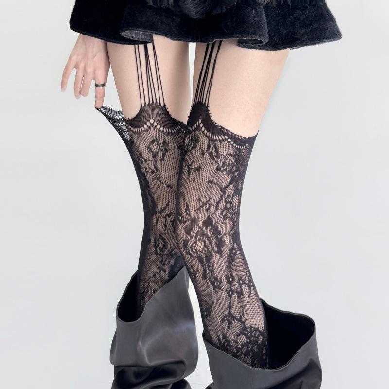 Chic European & American Open Crotch Fishnet Lingerie with Strappy Rose Jacquard Design - Y2K See-Through Silk Stockings.