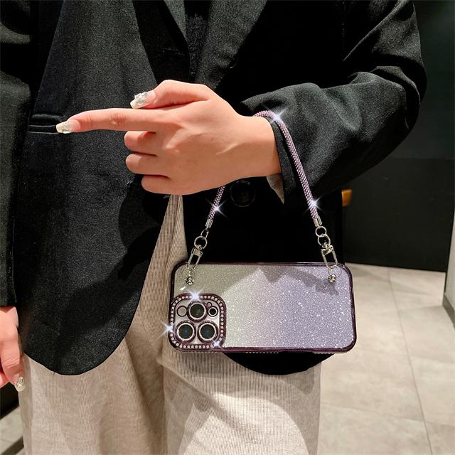 For iPhone 16 Pro Max Luxury Flash Diamond Chain Plating Frame Phone Case For iPhone 11 12 13 14 15 Plus Lens Protective Cover