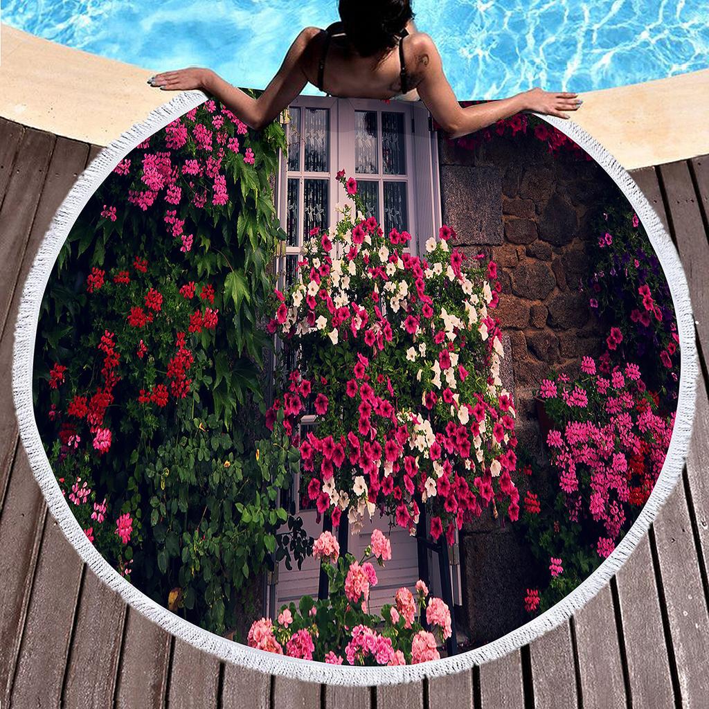 Flowers On The Wall Round Beach Blanket,Polyester Sand Resistant Beach Towel,Absorbent Quick Dry Pool Towel Portable Picnic Mat