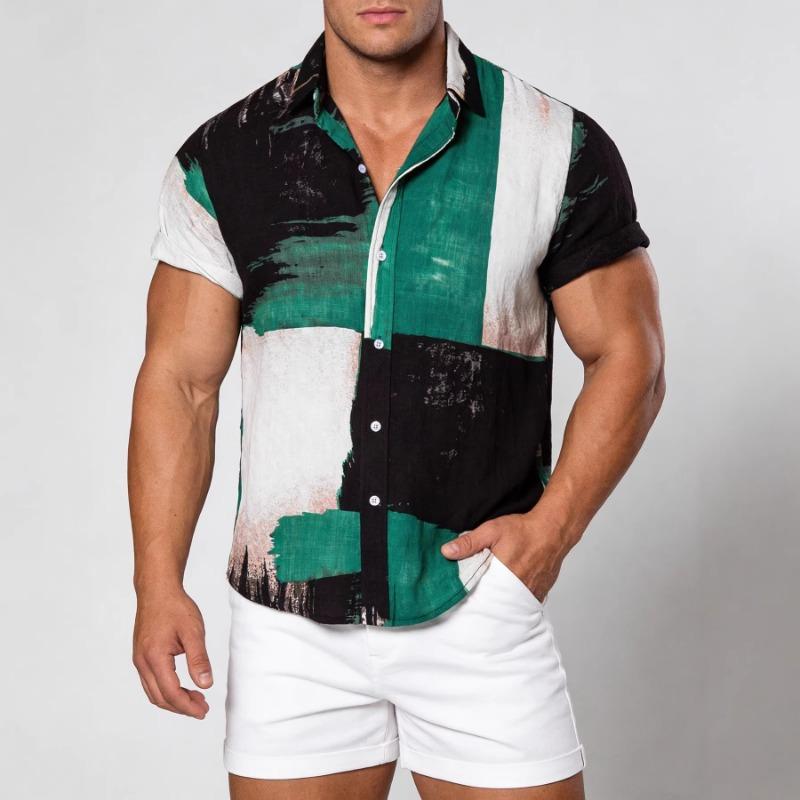 Men Abstract Brushstroke Print Short Sleeve Button Down Casual Summer Linen Shirt M зелёный