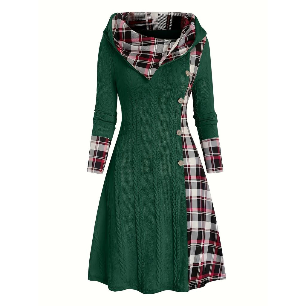 Knitted Hooded Dress Plaid Print Stitching Fake Buckle High Waist Long Sleeve A-line Dress Female