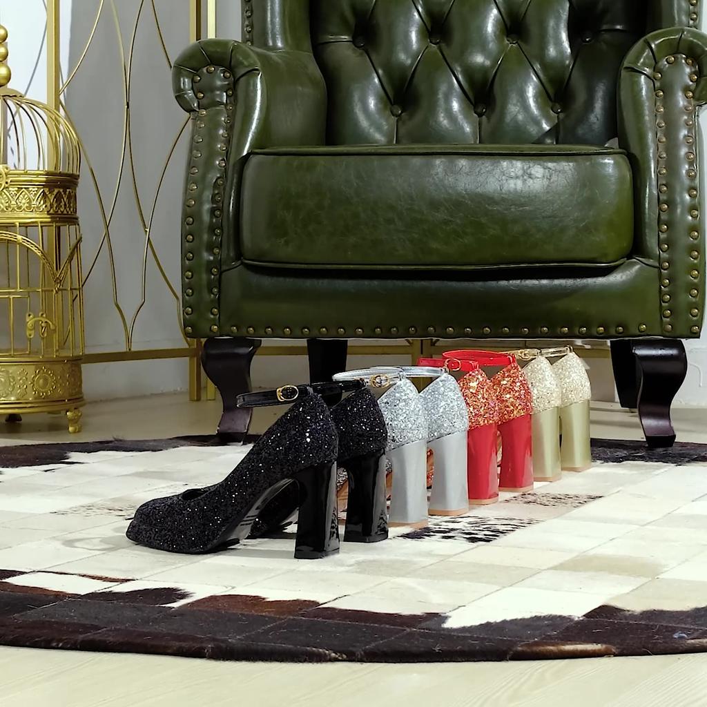 Mode Élégant Femmes Talon Épais Talon Haut Imperméable Plateforme Bouche Peu Profonde Tête Carrée Paillettes Une Bande Unique Mariage