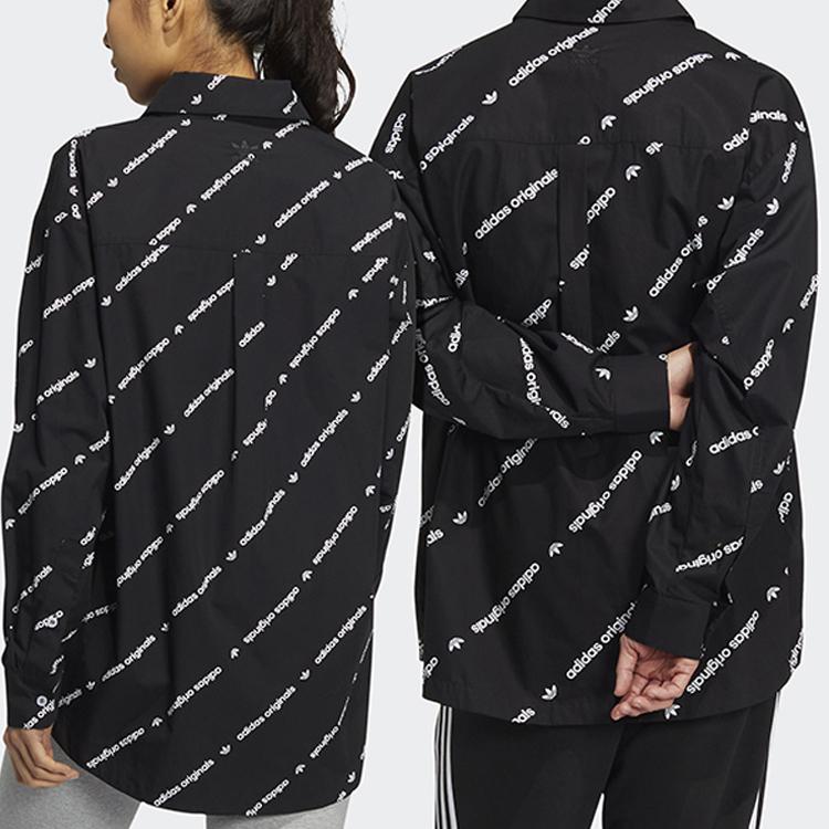 Adidas Originals Trefoil Print Letter Snap Button Long Sleeve Shirt Unisex Tops Black HU1229