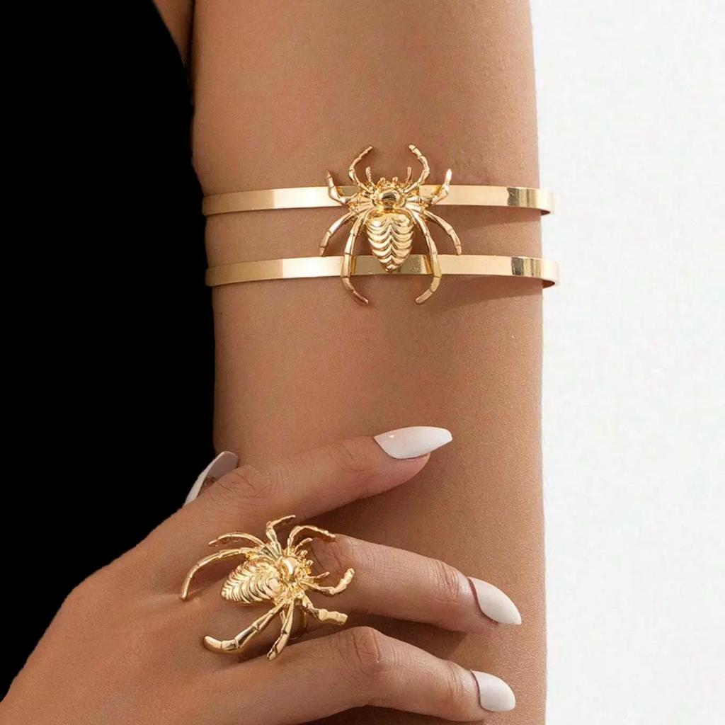Vacation Fashion Gothic Spider Ring Gold Double Open Adjustable Arm Ring Set