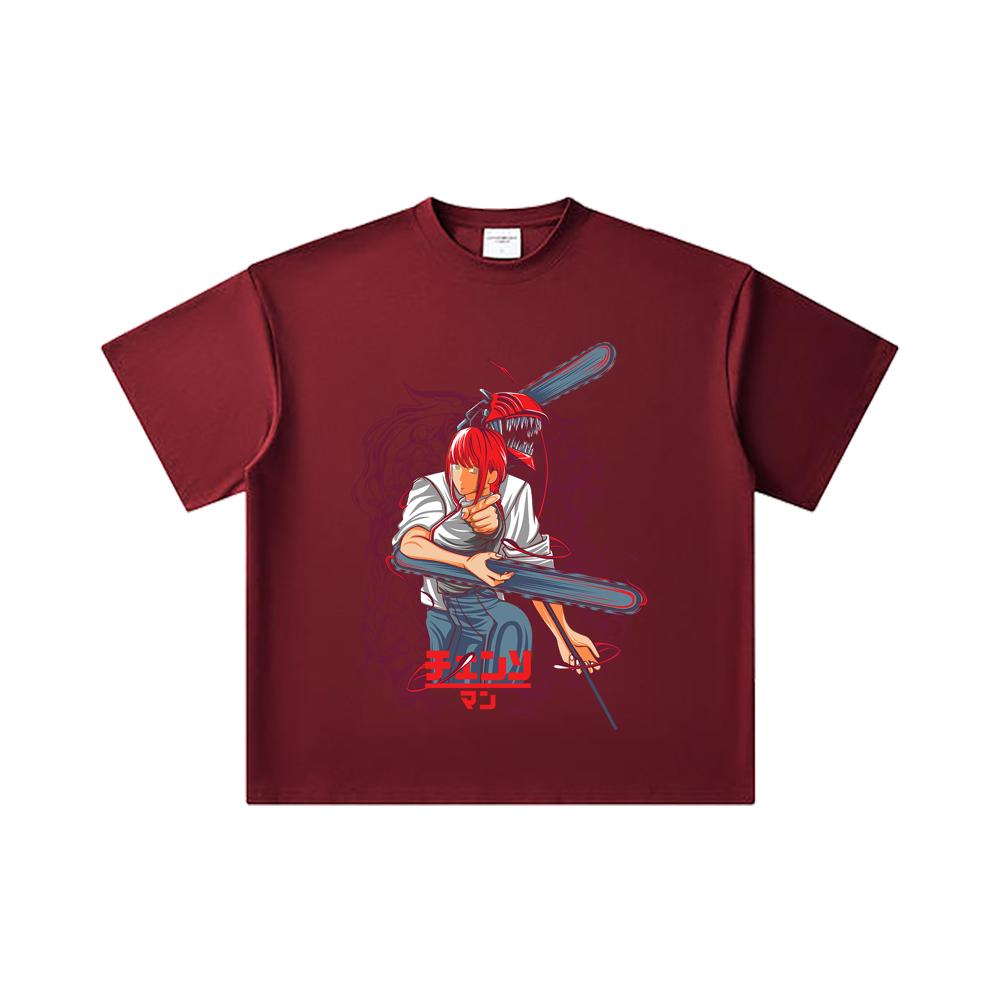 

260 GSM Double Yarn 32 Count 100% Cotton Chainsaw Man V42 Denji Makima Print Unisex Heavy Cotton T Shirt 2XL вина червоного кольору