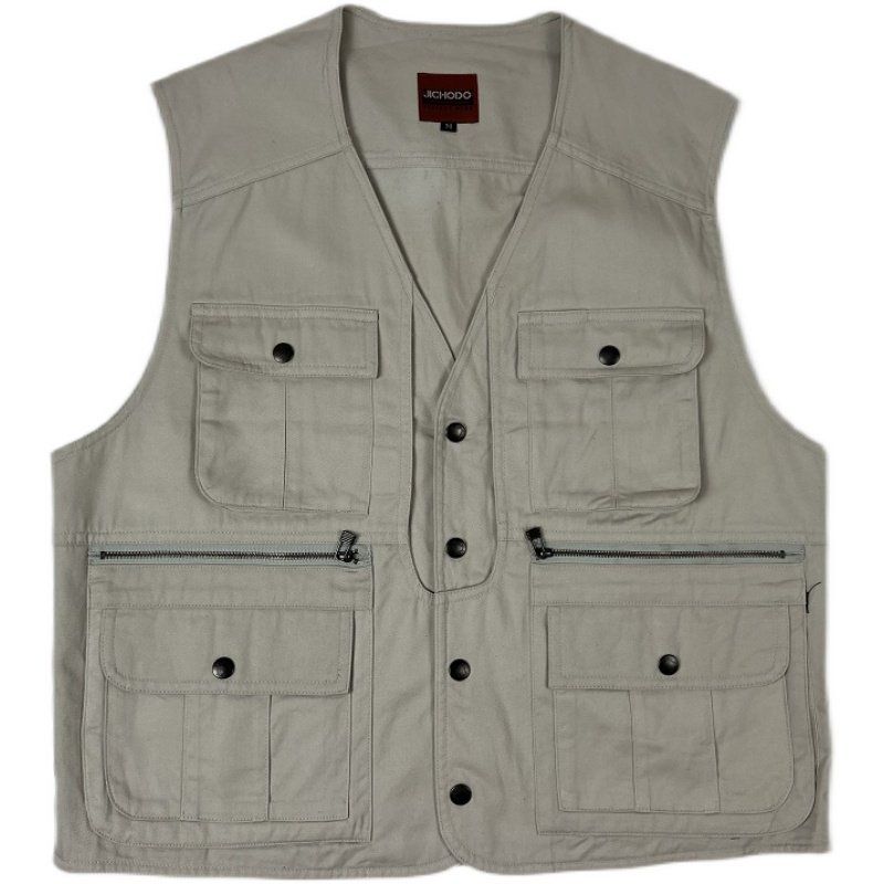 Japanese Single Men's Spring and Autumn Pure Cotton Multi-Pocket Workwear Vest American Casual Retro Couple Functional Matching Vest