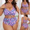 Übergröße Buntes Leopardenmuster High Waist Bikini Set Damen Vorne Kordelzug Raffung V-Ausschnitt Zweiteilig Bauchkontrolle Kurvig Badeanzug