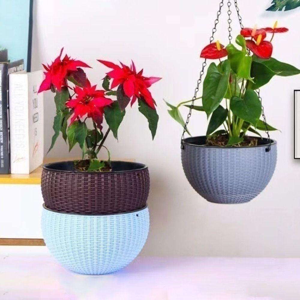 Plastic Woven Plaited Baskets with Chain Hanging Flower Pots Houseplant Flowerpot Balcony