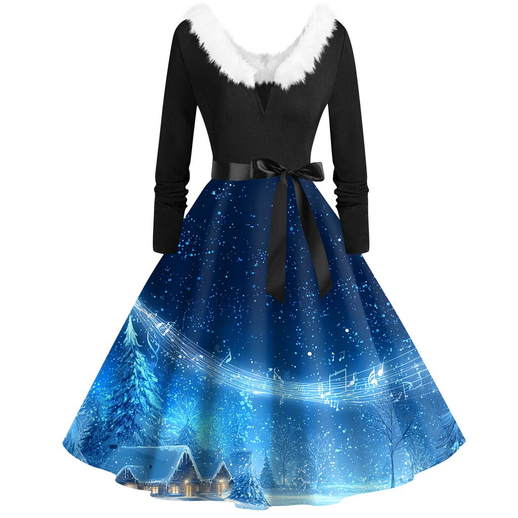 Damenmode V-Ausschnitt Lässig Schlank Weihnachten Bedruckt Langarm Haarkragen Kleider