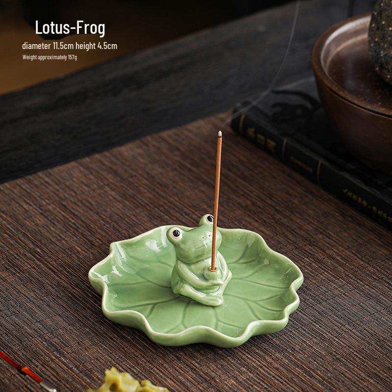 New Ceramic Lotus Incense Holder with Frog Ornament In Fresh Colors