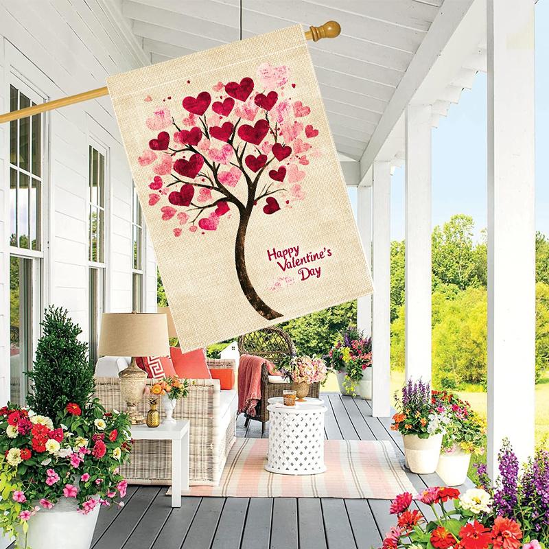 Happy Valentine's Day Love Tree Garden Flag - Double-Sided, Durable Polyester - Perfect for Yard & Outdoor Decor