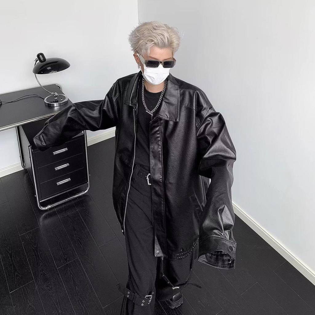 Men's Japanese Retro Leather Motorcycle Jacket - Spring/Autumn Streetwear, Trendy Loose Fit, Cool Lapel Style.