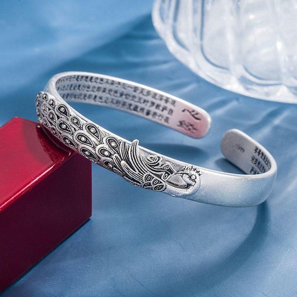Gorgeous Peacock Three-dimensional Heart Sutra Buddhist Scripture Vintage Silver Bracelet Unisex Buddhist Bracelet