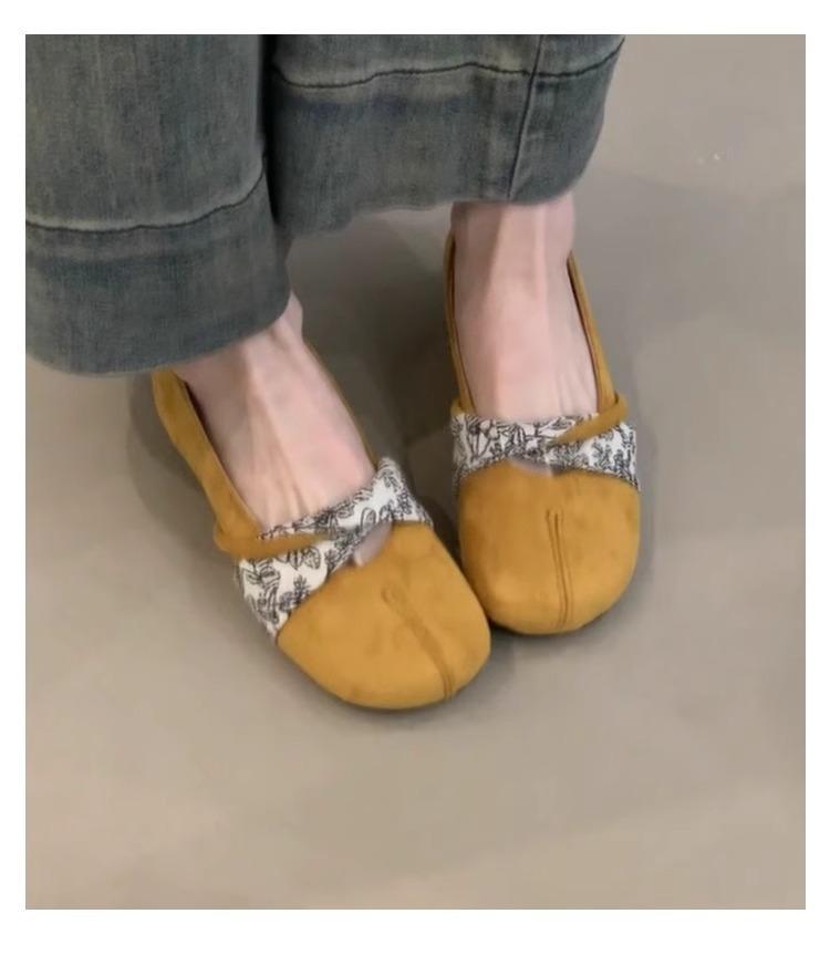 

Sheepskin version~ New Chinese shallow mouth round head ballet shoes for women with one foot flat bottom inner height increase versatile retro singl 40 жёлтый