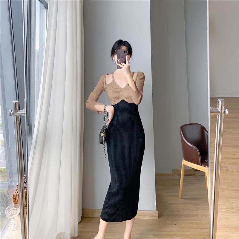 Французское винтажное хип-хоп трикотажное длинное платье женское осенне-зимнее элегантное — фото 21