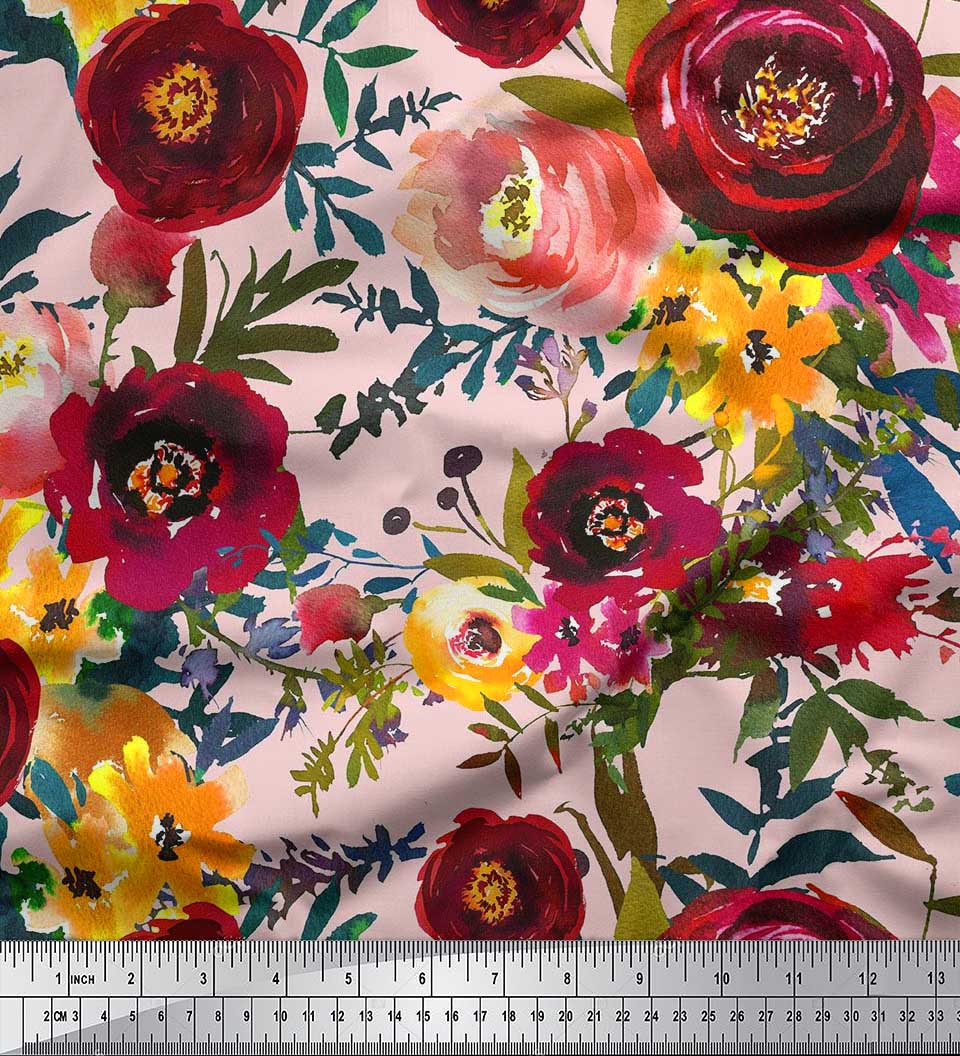 

Тканина Soimoi Japan Crepe Satin Leaves, Peony & Ranunculus Flower Print Тканина на метр 42 дюйма 42 Inch Wide - Poly Crepe рожевий