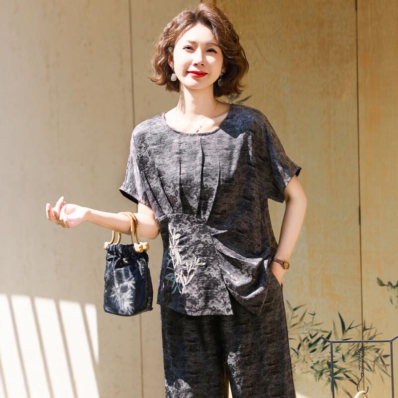 Middle-Aged Women's Floral Print Short-Sleeve Two-Piece Set