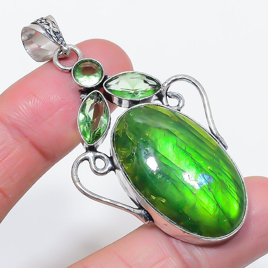 

Натуральный зеленый лабрадорит, цаворит, кулон из стерлингового серебра 925 пробы 2,48 A3e31