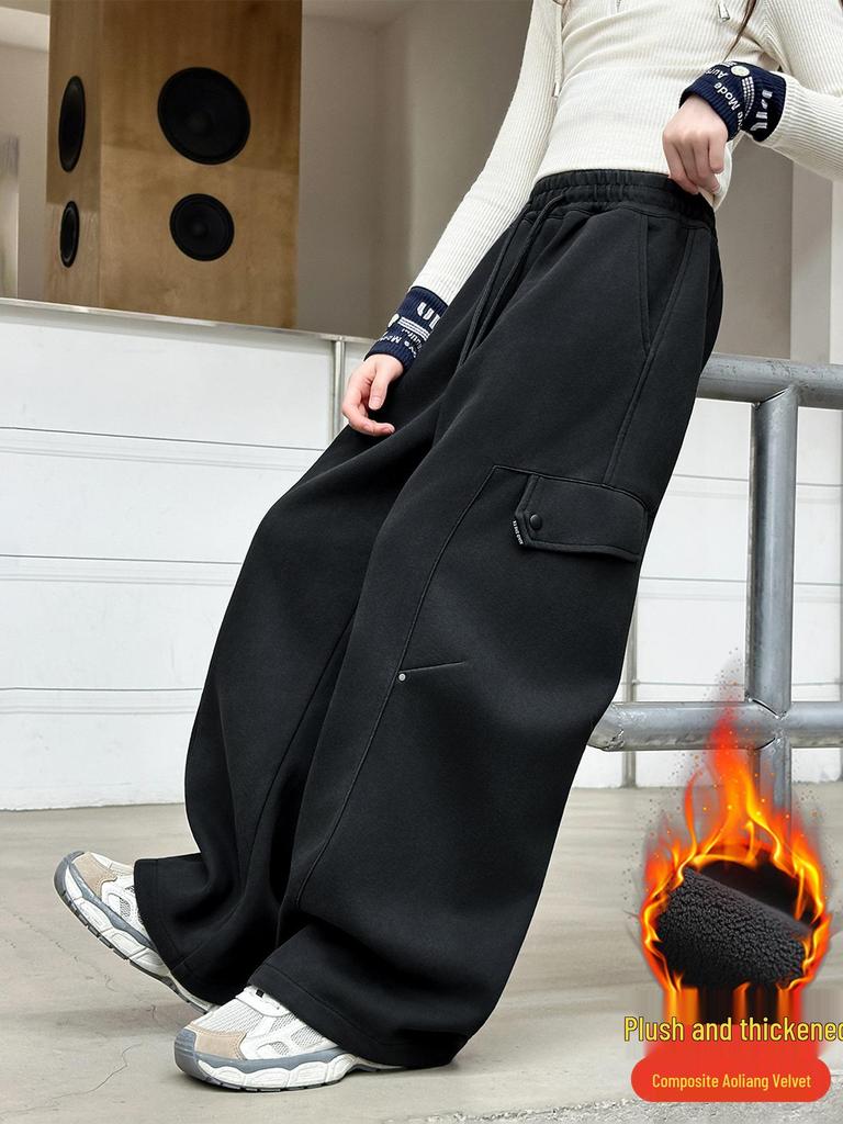 Girls' Stylish Fleece-Lined Cargo Pants - Autumn/Winter 2025, Thickened Straight-Leg for Jazz Dance & Everyday Wear