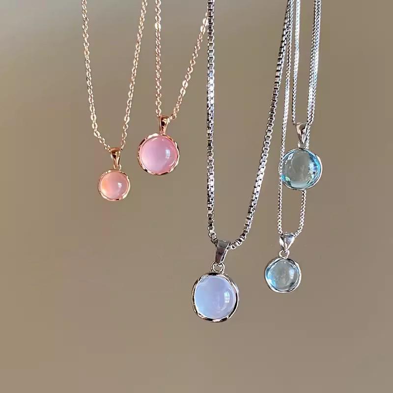 Korean Fashion Colorful Crystal Round Pendant Silver Color Chain Neck Necklace for Women Sweet Wedding Aesthetic Charm Jewelry