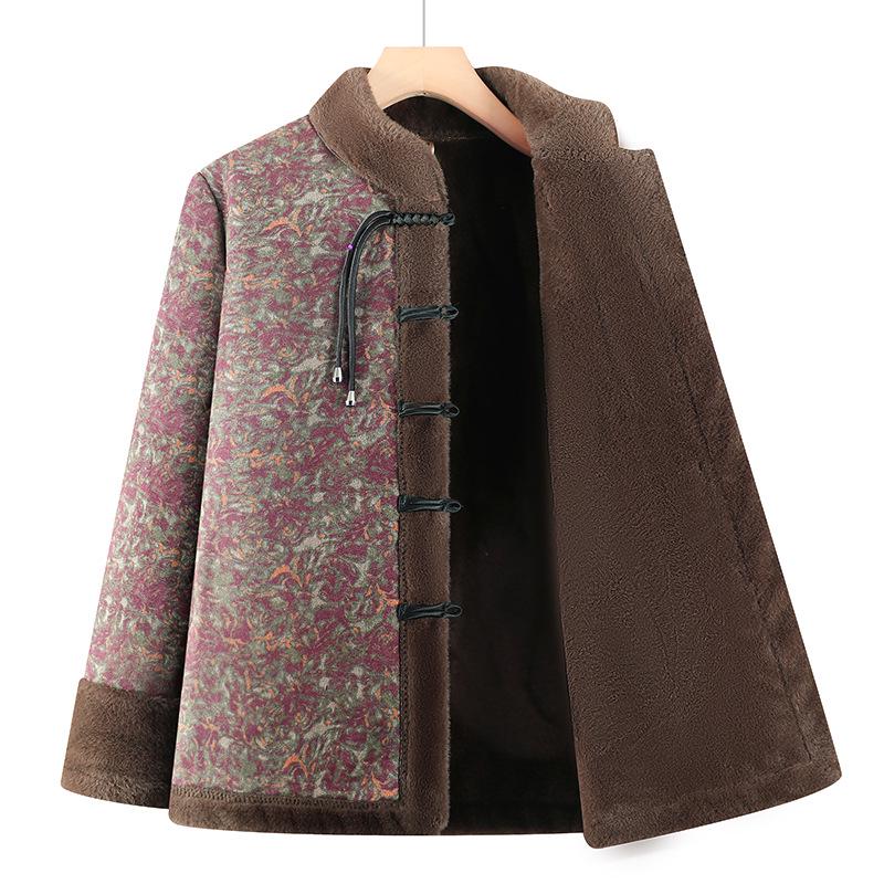 Winter Cotton Jacket with Fur Lining for Middle-aged and Elderly Women - Chinese National Style