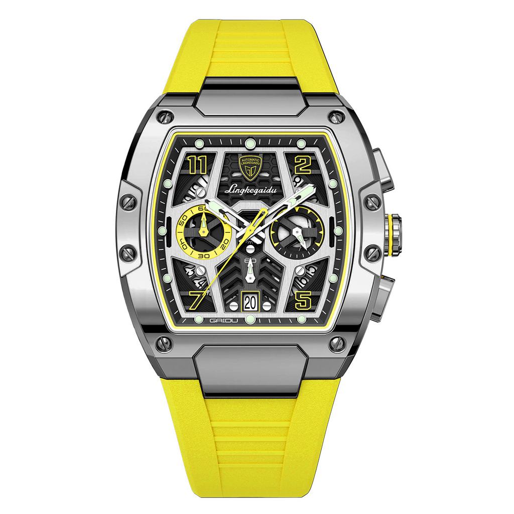 Multifunction Quartz Watches Mens Large Dial Fashion Tonneau Chronograph Watch Sports Silicone Strap,Date,Luminous