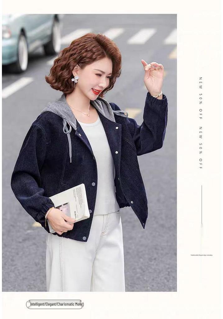 Stylish 2026 Spring Denim Jacket for Middle-Aged & Elderly Women - Casual Hooded Outerwear