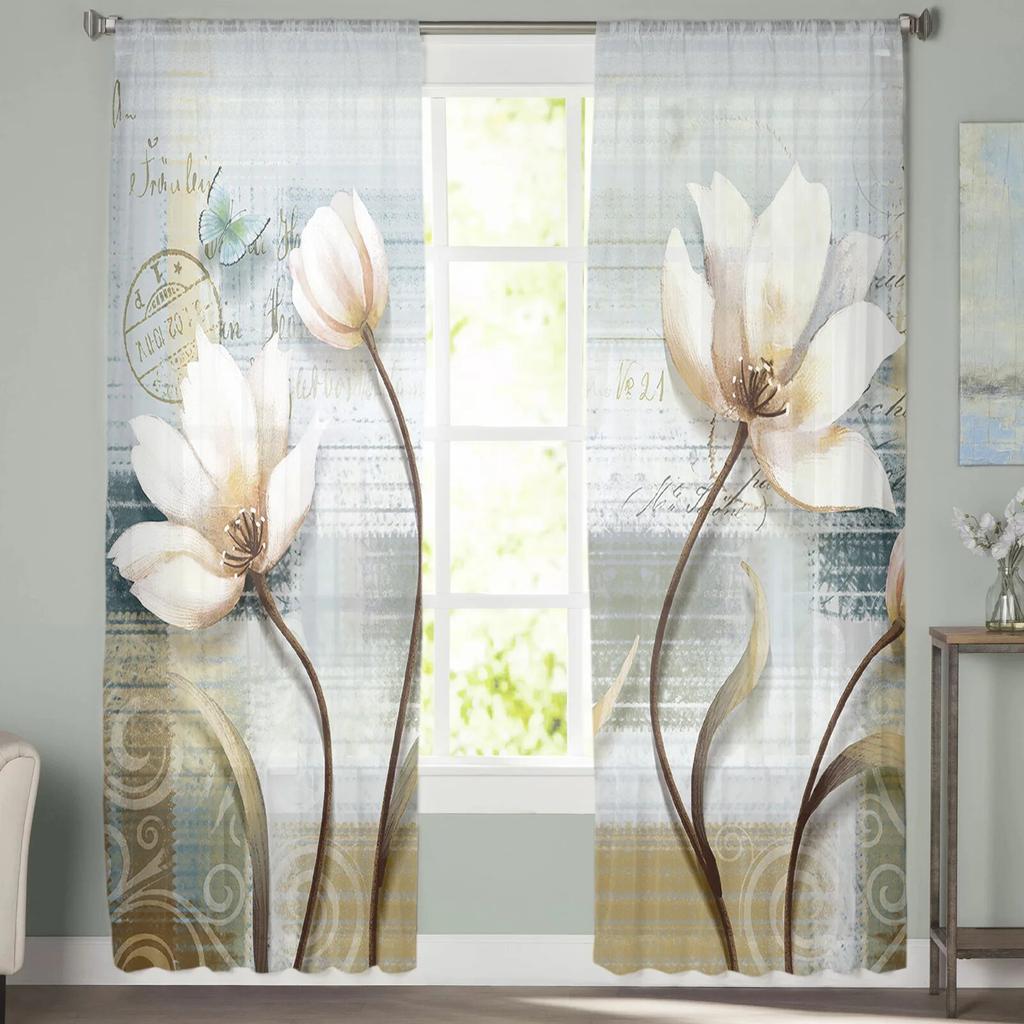 Vintage tulpaner Blommor Fjärilar Sovrum Transparent skira Gardiner Semesterdekoration Fönster Voile Tyll Gardin