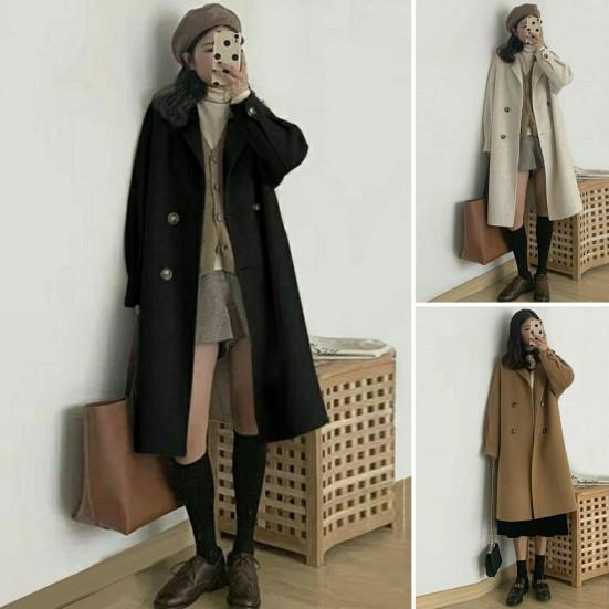 Cappotto invernale da donna, con colletto rovesciato, tasche, tinta unita, doppiopetto, spesso, vestibilità ampia, termico, a maniche lunghe, per pendolari e appuntamenti