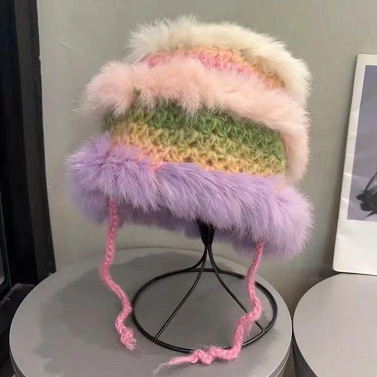 Dopamine Rabbit Fur Knit Autumn Winter Warm Woolly Hat Adorable Patchwork Plush Earflap Hat