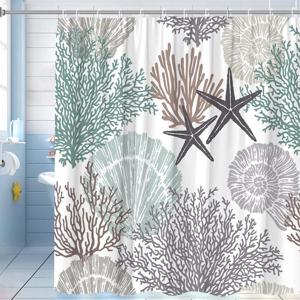 Vintage Nautical Shower Curtain, Ocean Shore Starfish Coral Shell Creative Modern Polyester Fabric Bathroom Decorative Curtains