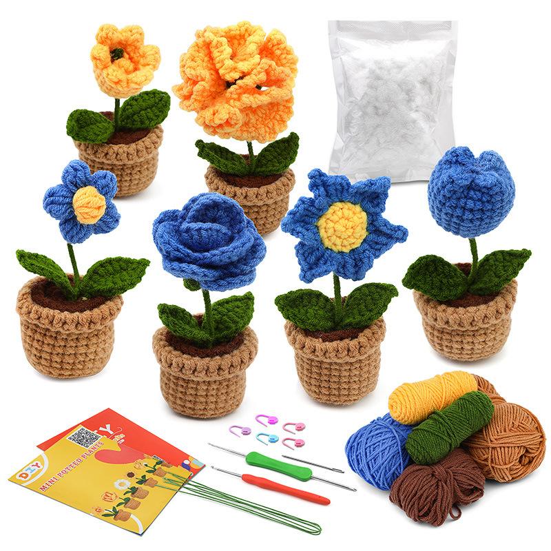3/6pcs Crochet Potted Flower Kit for Beginners with Video Tutorial Cotton Knitting Yarn Thread Needles Hooks Knit Tool Set
