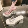 2024 High Quality Women's Shoes Summer Fashion Open Toe Solid Color Women's Slippers Transparent Rhinestone Women's High Heels