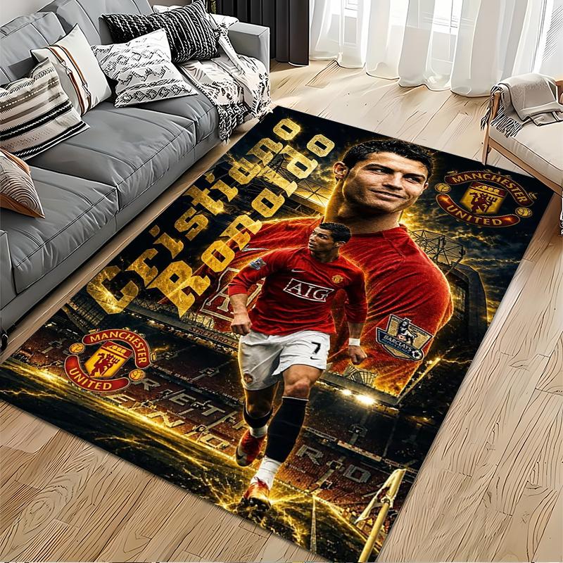 Soccer Star Area Rug, Cristiano Ronaldo Manchester United 7 Golden Print, Football Fan Living Room Decor, Anti-Slip Carpet