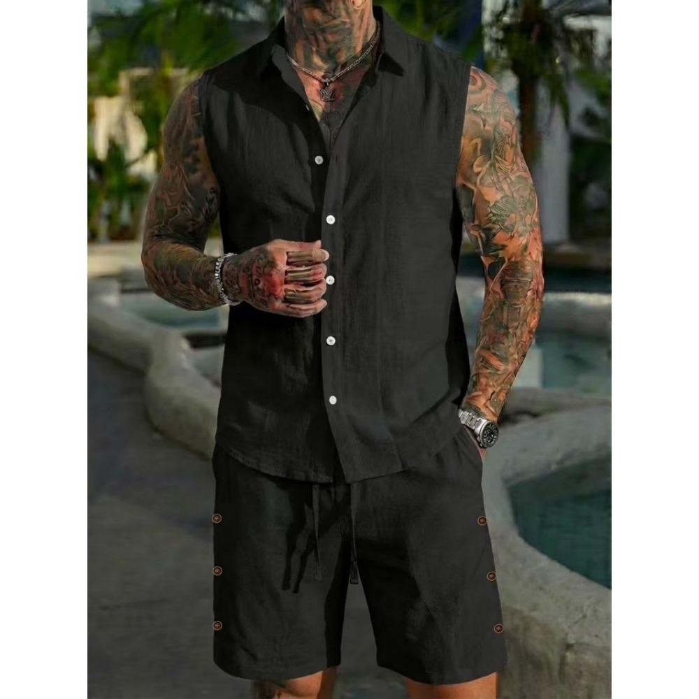 Men’s Summer Sleeveless Collared Shirt Set – Plain-Coloured Linen Casual Beach Outfit