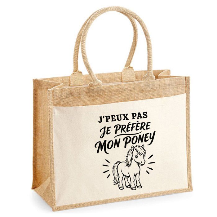 Sac Cabas Jute avec Poche J’peux pas je préfère mon Poney J'peux pas minimaliste | Toile de Jute et Coton 21 L Fond Plat Anses 65