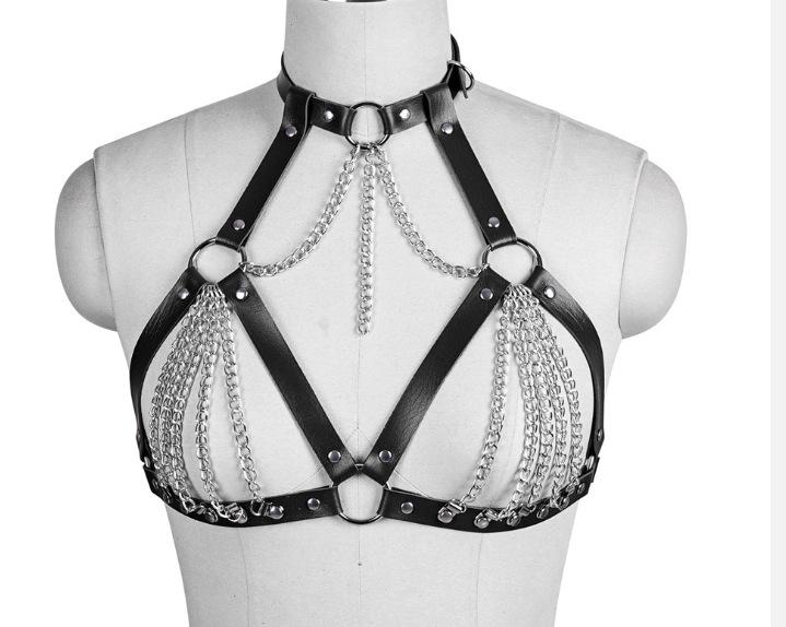 Europäischer & Amerikanischer PU Leder Ketten Fessel Bralette Geschirr Gürtel Ornament