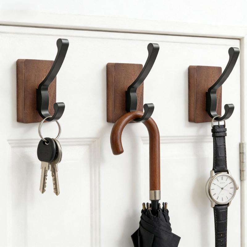 Space Saving Adhesive Hook for Bathroom Door Back Made of Natural Walnuts Wood Drillless Installation for Hanging Items