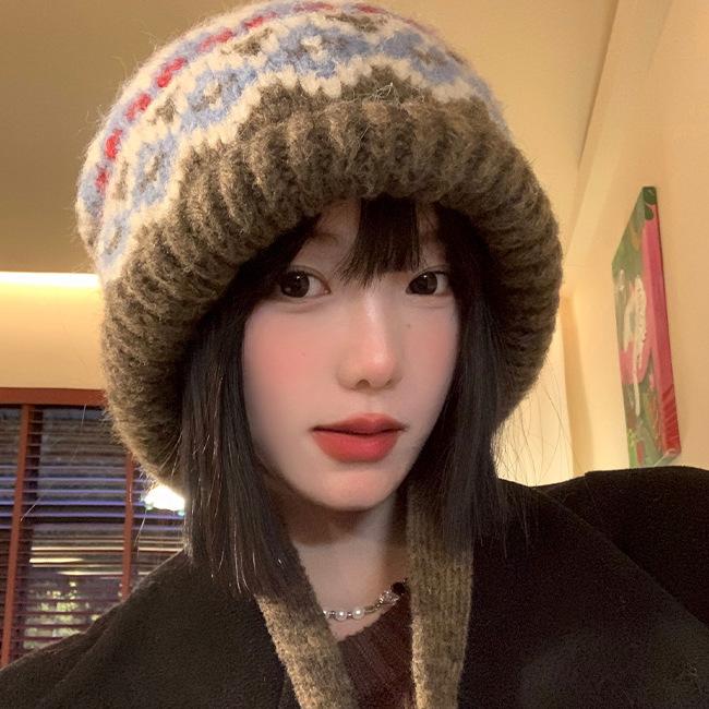 Maillard Dopamine Contrasting Wool Hat Retro Fair Island Style Knitted Hat Ear Protector Warm Bag Hat Winter