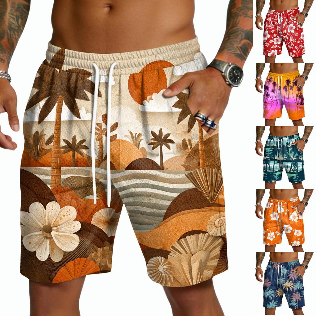 Pantalones Cortos Casuales Ligeros para Hombre con Cordón Secado Rápido Tiro de Cinco Pulgadas Cintura Elástica Diseño Estampado Hawaiano para Actividades al Aire Libre